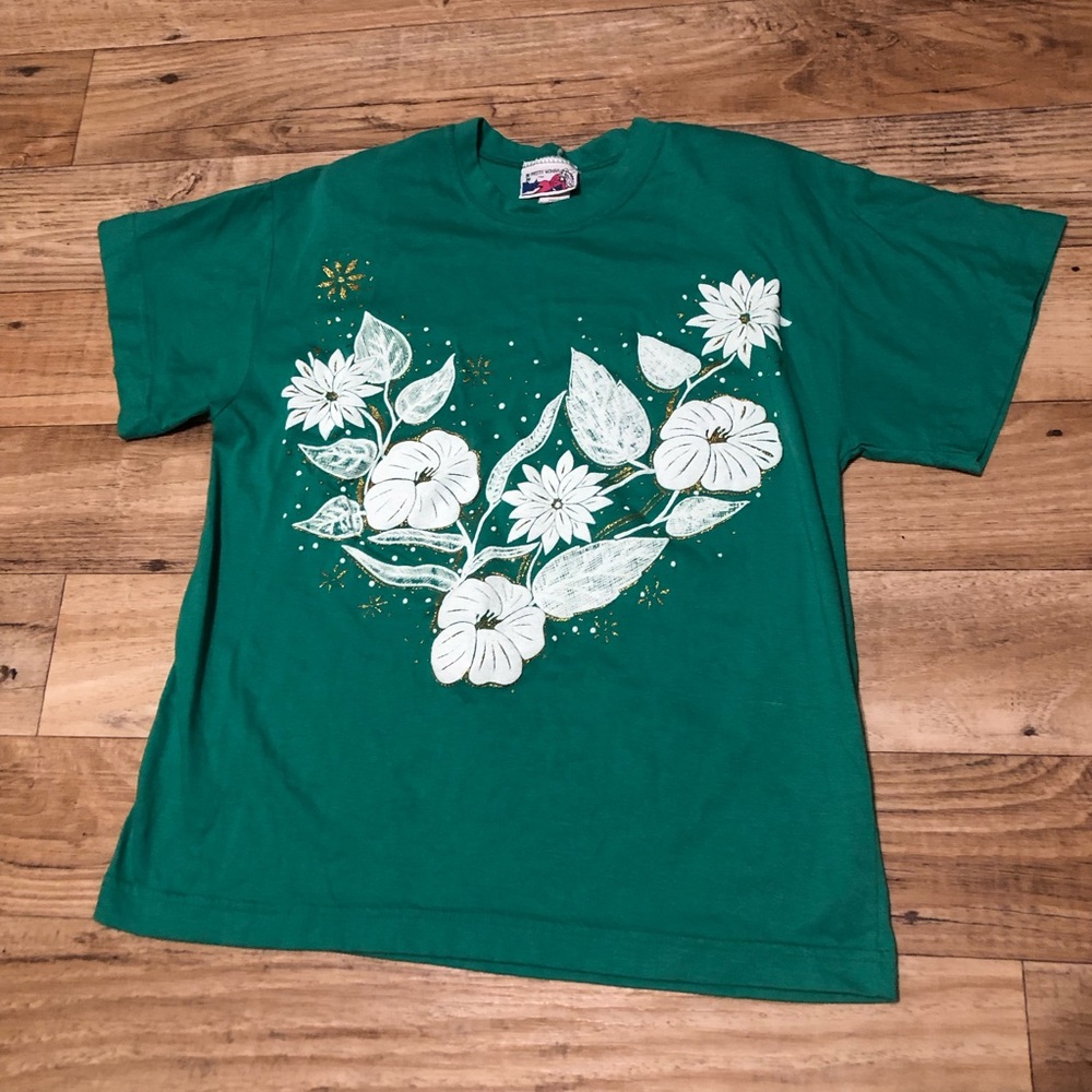 Green and White Floral Blouse Top